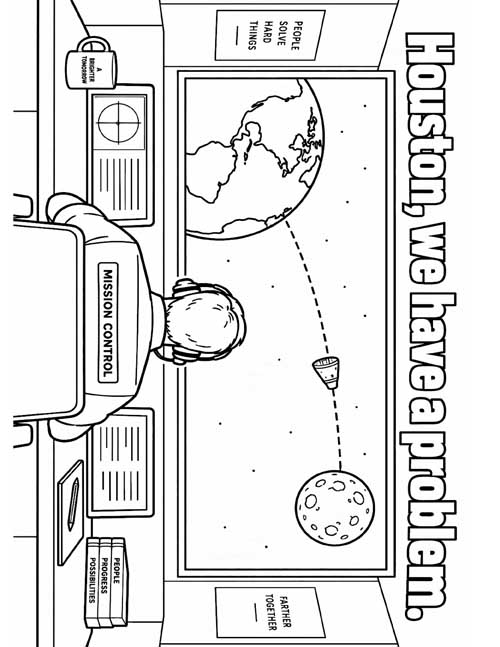 coloring page of Mission Control watching Apollo 13 travel between the Earth and the Moon