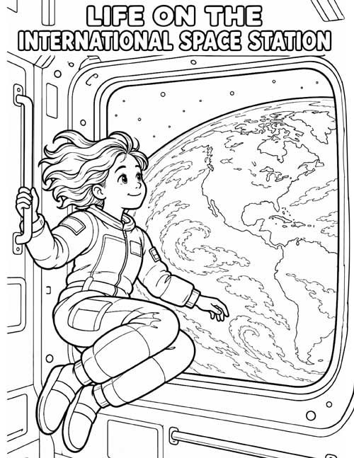 coloring page of an astronaut floating by a window on the International Space Station looking down at Earth