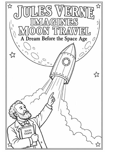 coloring page of Jules Verne and his rocket to the moon
