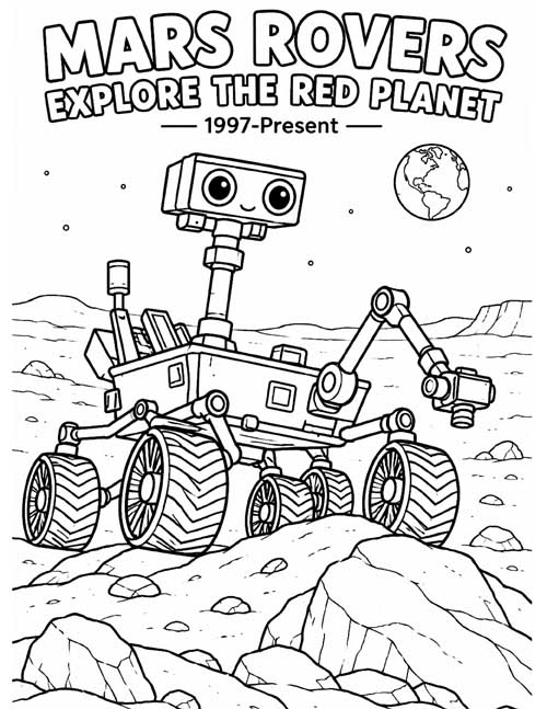 cartoon coloring page of a smiling Mars rover exploring the rocky ground