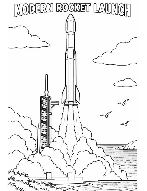 coloring page of a modern rocket lifting off from a launch pad by the ocean