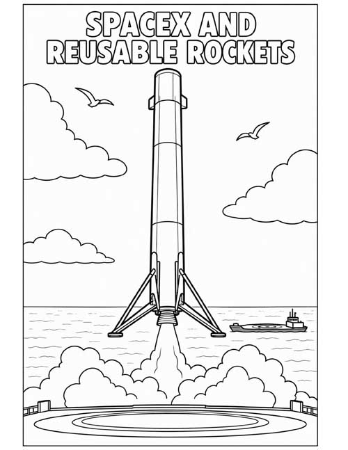 coloring page of a SpaceX rocket landing on its legs
