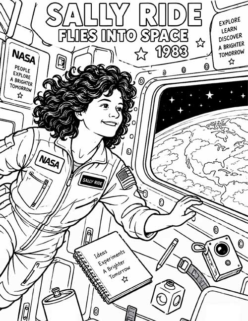 coloring page of Sally Ride floating by a window on the space shuttle