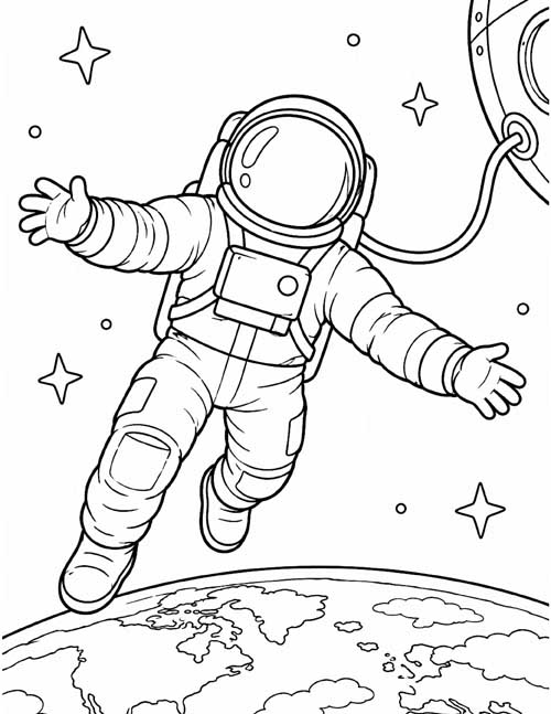 coloring page of an astronaut on a spacewalk