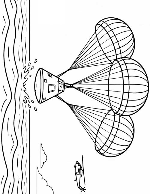 coloring page of the Apollo 13 capsule splashing down under three parachutes