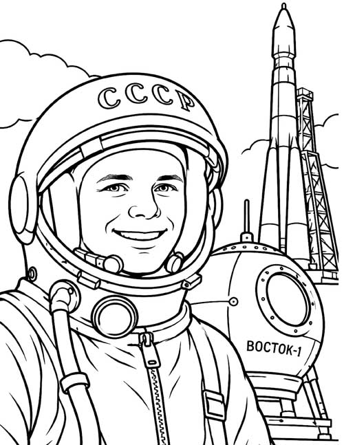 coloring page of Yuri Gagarin and the Vostok 1 spacecraft