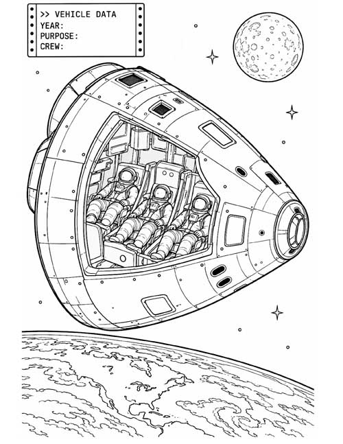 technical illustration for kids, coloring page of the Apollo capsule