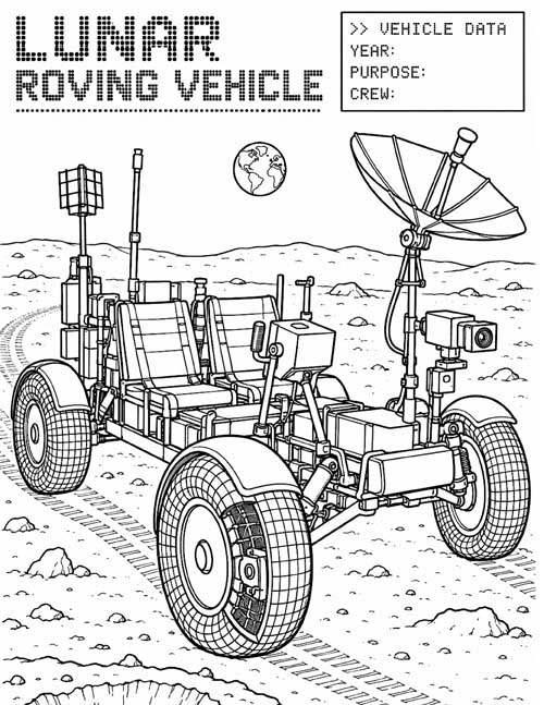 technical illustration for kids, coloring page of the Lunar Roving Vehicle
