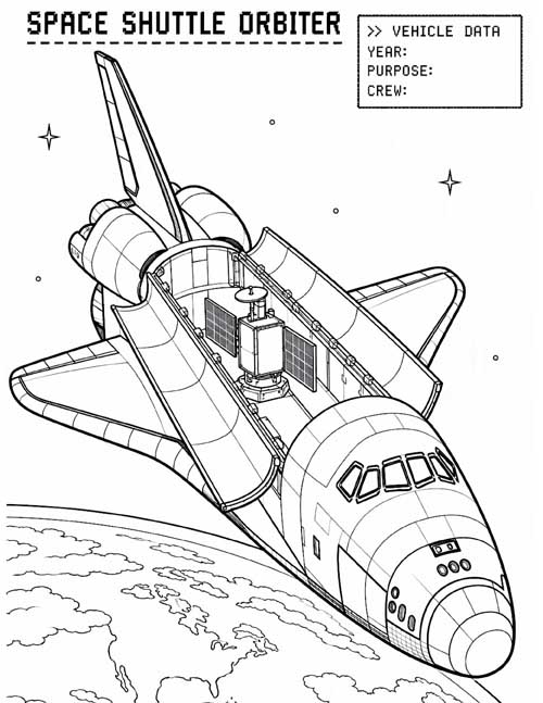 technical illustration for kids, coloring page of the Space Shuttle Orbiter