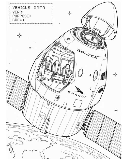technical illustration for kids, coloring page of the SpaceX Dragon spacecraft