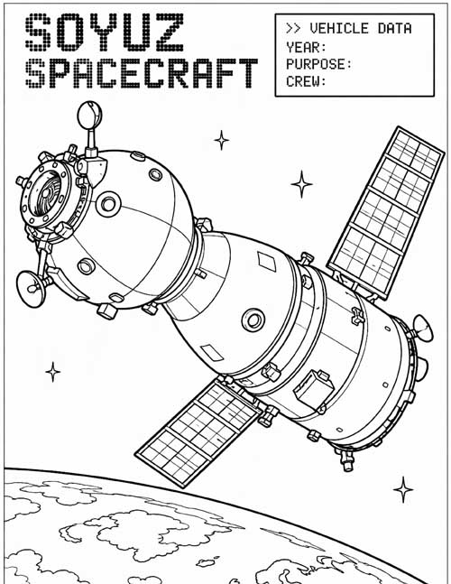 technical illustration for kids, coloring page of the Soyuz spacecraft
