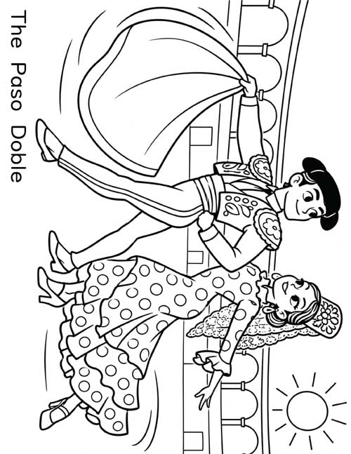 Cartoon coloring page of a matador and flamenco dancer doing the paso doble in a bullring
