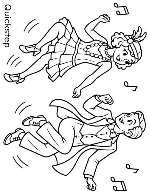 Cartoon coloring page of a 1920s couple dancing the quickstep