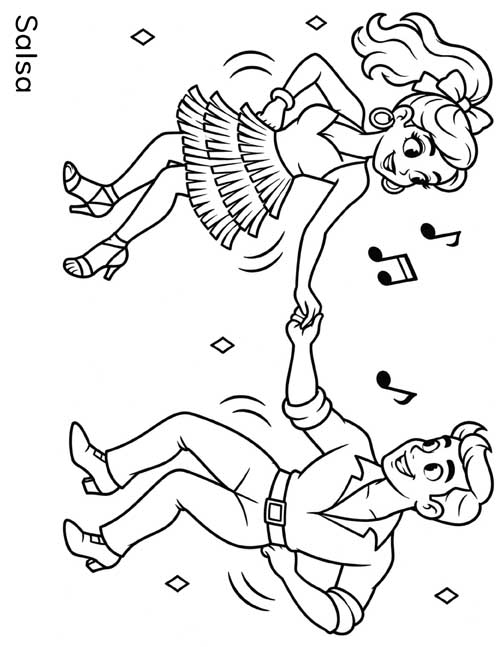 Cartoon coloring page of a couple dancing salsa with maracas