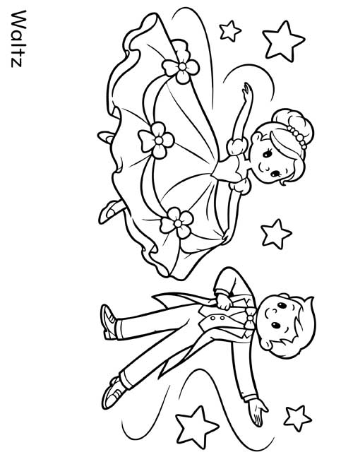 Cartoon coloring page of a boy and girl dancing the waltz under the stars