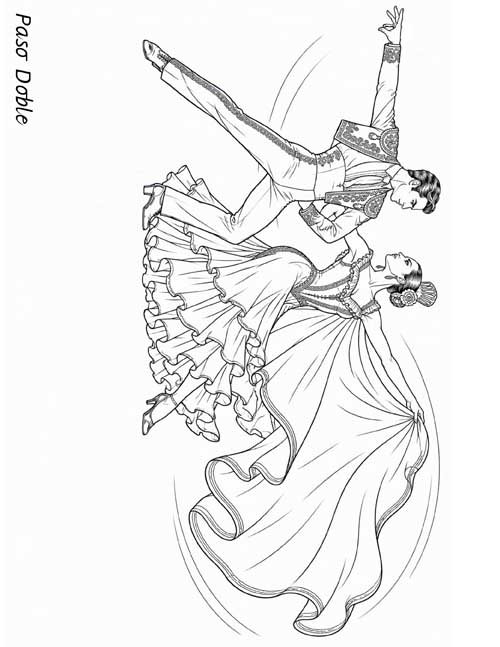 Coloring page of a matador and his partner dancing the paso doble