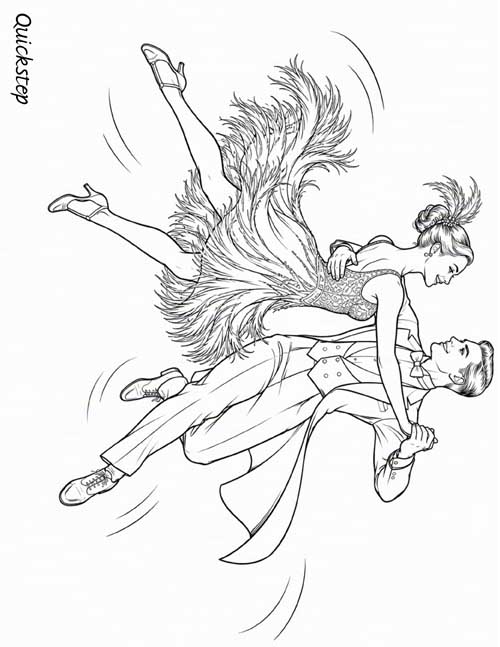 Coloring page of a couple dancing the quickstep, the woman in a feathered dress