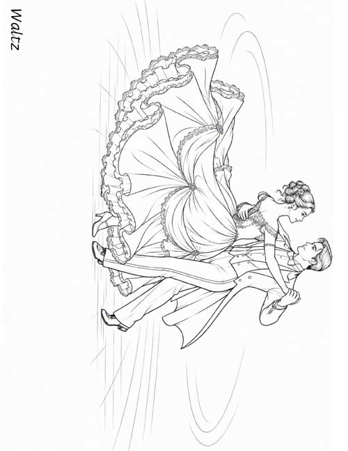 Coloring page of a couple dancing the waltz in a ball gown and tailcoat