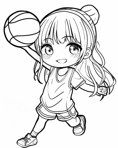 chibi coloring page of a girl playing basketball