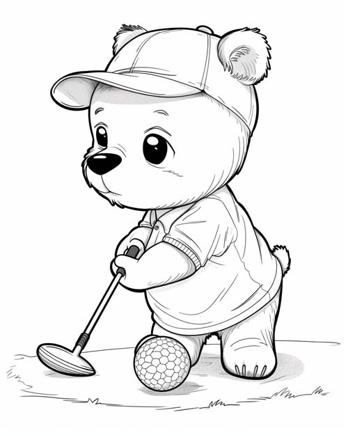 chibi coloring page of teddy bear golfing