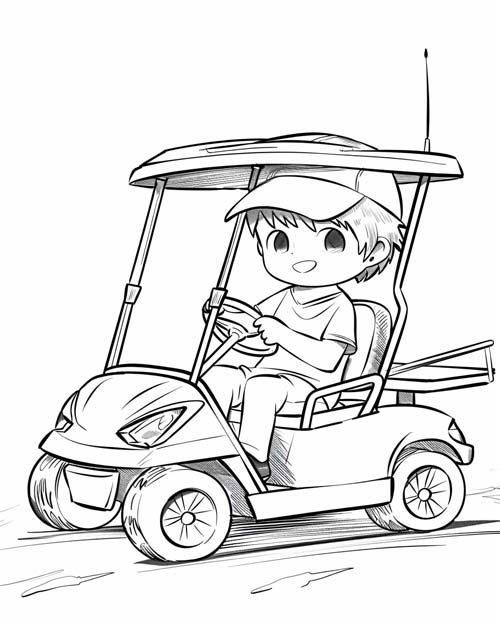 chibi coloring page of a boy in a golf cart