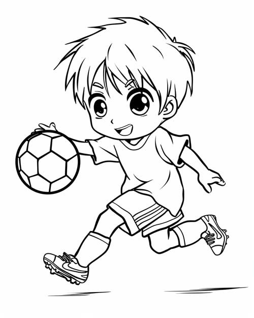 chibi coloring page of a boy playing soccer