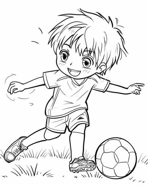 cute coloring page of a boy playing soccer