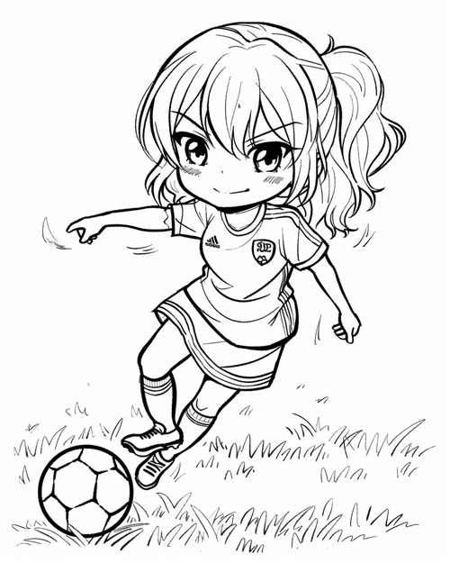 cute coloring page of a girl playing soccer