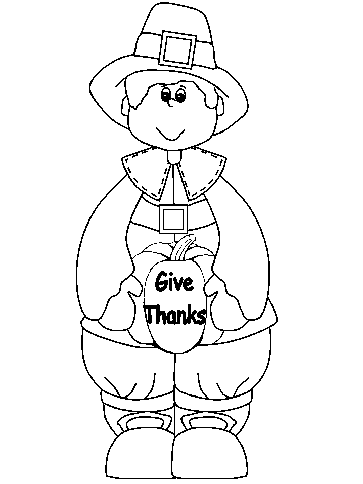 coloring page of a Thanksgiving pilgrim man holding a give thanks pumpkin