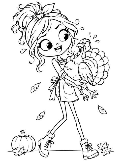 coloring page of a mom carrying a startled turkey
