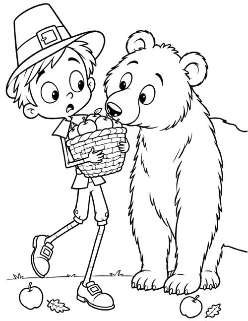 cartoon coloring page of a pilgrim boy with a basket of small crabapples and a curious bear