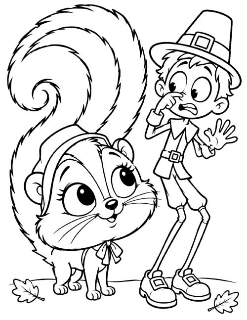 cartoon coloring page of a pilgrim boy holding his nose beside a skunk in a pilgrim hat