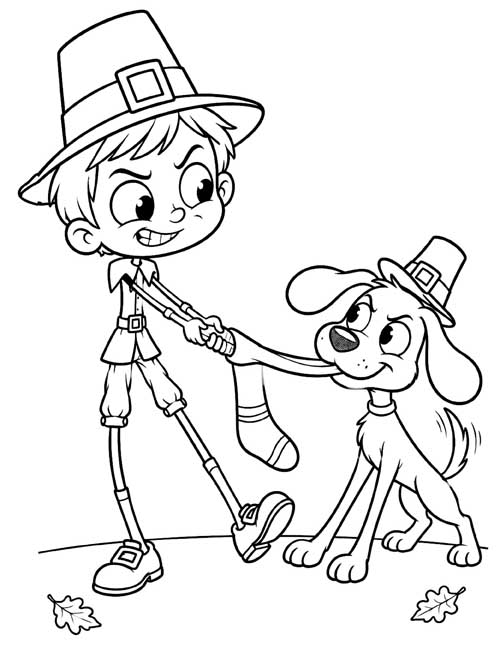 cartoon coloring page of a pilgrim boy in a tug of war over a sock with a dog