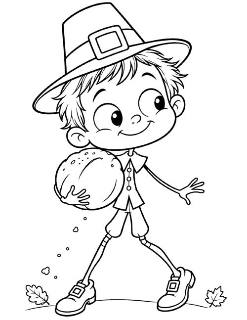 cartoon coloring page of a pilgrim boy holding a mystery round object