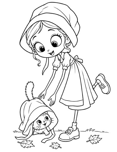 cartoon coloring page of a pilgrim girl and a kitten hiding under a bonnet