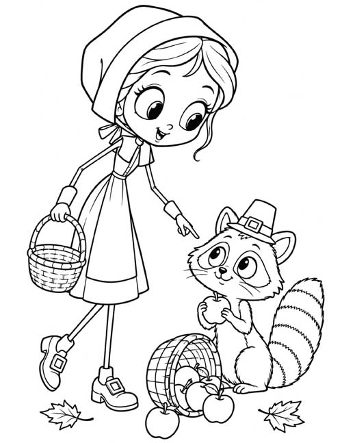 cartoon coloring page of a pilgrim girl and a raccoon in a pilgrim hat holding a crabapple
