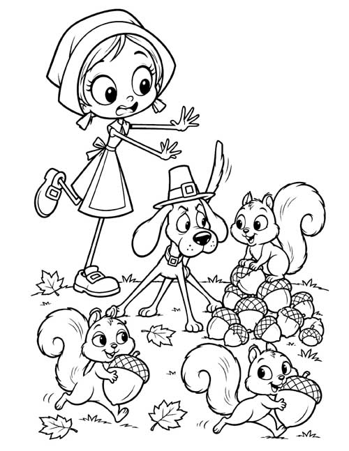 cartoon coloring page of a pilgrim girl and a dog watching squirrels carry acorns