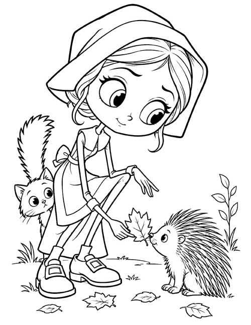 cartoon coloring page of a pilgrim girl offering a leaf to a porcupine while a cat watches