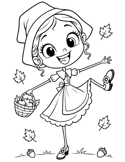 cartoon coloring page of a happy pilgrim girl with a basket of small crabapples