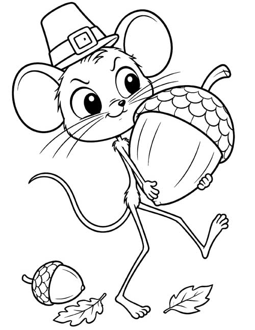 cartoon coloring page of a mouse in a pilgrim hat carrying a giant acorn