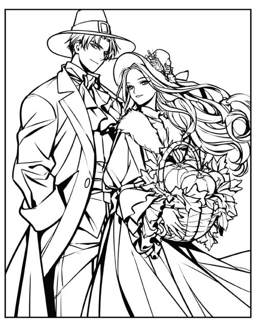 comic style coloring page of a pilgrim couple with a basket of pumpkins