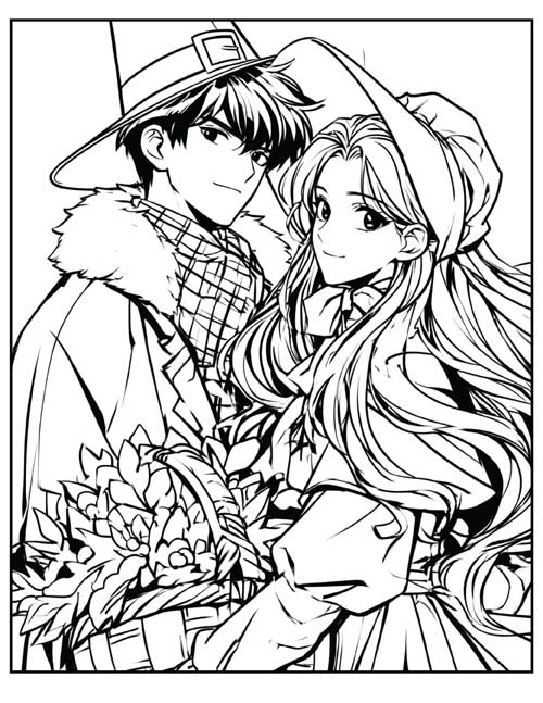 comic style coloring page of a pilgrim couple with a basket of fall flowers and leaves