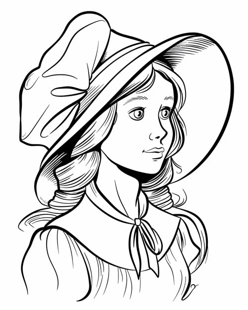 coloring page of a pilgrim wearing with a bonnet