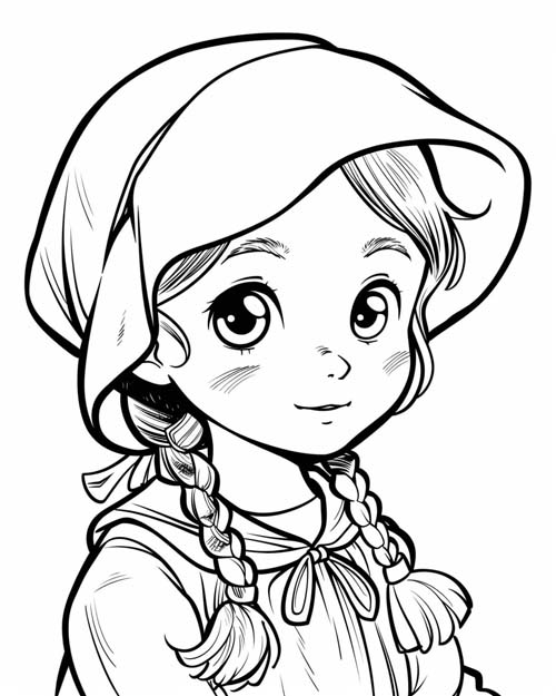 coloring page of a little girl with a pilgrim bonnet