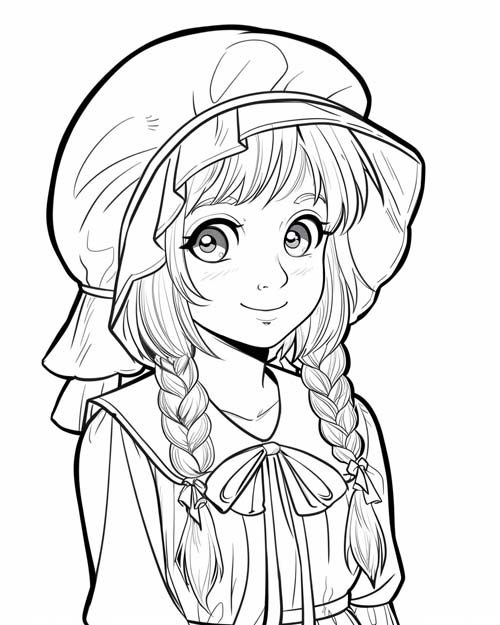 coloring page of a pilgrim girl with braids