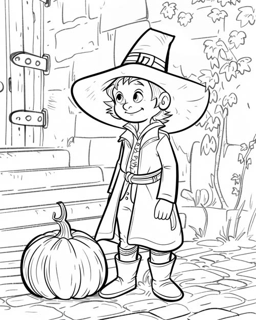 coloring page of a pilgrim and a pumpkin
