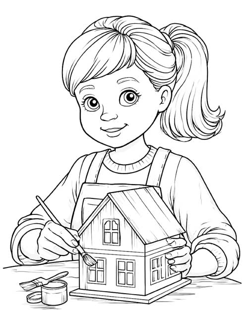 coloring page of a girl with a ponytail painting a small dollhouse with a tiny brush