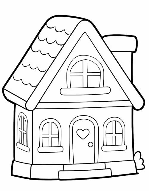 coloring page of a little dollhouse with a heart on the door and a round-topped window