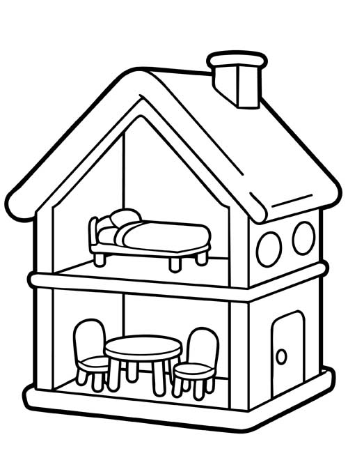 coloring page of a simple two-story dollhouse with a bed and a table with two chairs