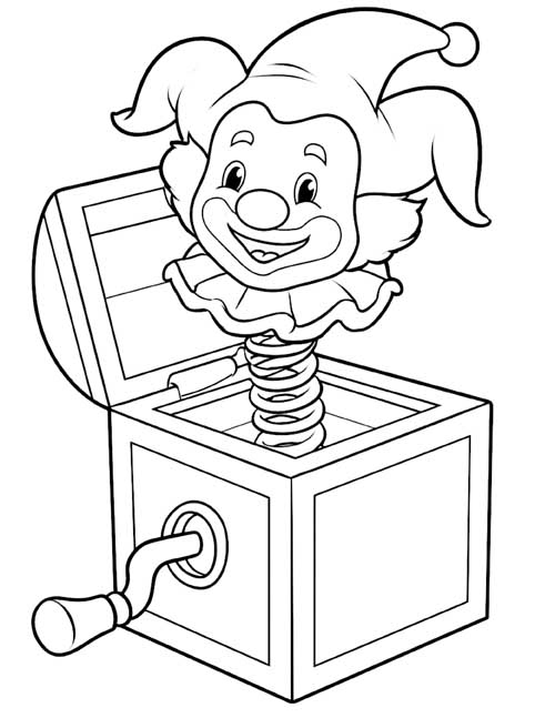 cartoon coloring page of a jack-in-the-box with a jester clown on a coiled spring